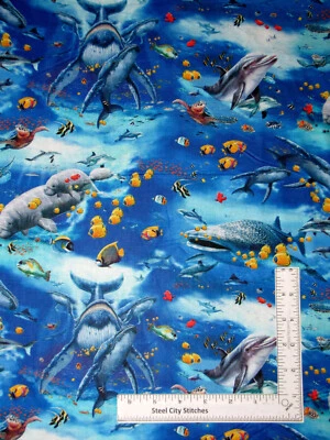 Fish Whale Dolphin Turtle Water Fabric Reef Life Digital Studio E Cotton By Yard - Image 1 of 2