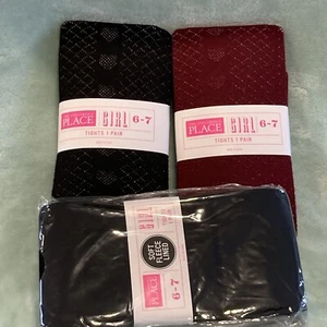 NEW The Children's Place Tights 3 pair Burgandy & Black Pointelle & Black Solid - Picture 1 of 5