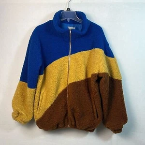 Earthbound Retro Sherpa Faux Shearling Jacket Fuzzy Blue Brown Yellow - Size L - Picture 1 of 7