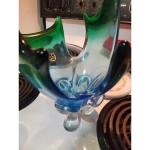 Canadian Glass Stunner cross-tip basket 17" Tall Blue Green Mid Century - Picture 1 of 10