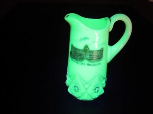 ANTIQUE CUSTARD GLASS SOUVENIR North Hall S.N.S. Mansfield PA Black Lite Glows - Picture 1 of 8
