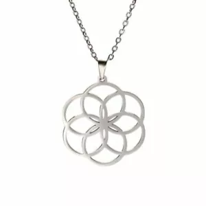 Edelstahl Kette Mandala Saat Blume des Lebens Sonne Kreis Anhänger silberfarbig - Bild 1 von 4