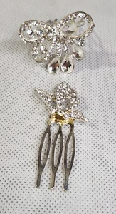 Pair Silver Tone Rhinestone Hair Combs Butterfly & Bow - Picture 1 of 7