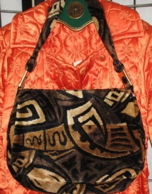 BOLSO DE HOMBRO VINTAGE ANTIGUO ALFOMBRA HIPPIE TAPIZ CHENILLA MARRÓN TOSTADO NEGRO *** Foto 1 de 4