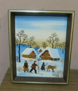 Dipinto firmato Nadira Husain olio su tavola arte popolare 8"x10" incorniciato villaggio neve - Foto 1 di 5