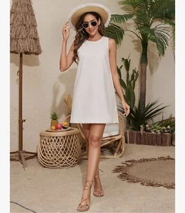 Summer Sleeveless Open Back Mini Shift Dress Tunic Scoop Neck Small Beige NWT - Picture 1 of 5