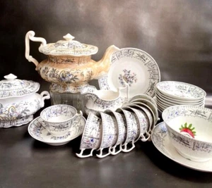 1800er Ästhetische Periode Englisch Teeservice Schwarz Mehrfarbig Transferware 28 Teile - Bild 1 von 12