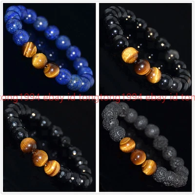 6/8/10/12mm Tigerauge/Achat/Lava/Lapislazuli Edelstein Elastic Armband 6.5-8.5'' - Bild 1 von 4