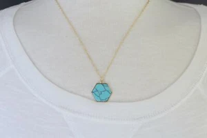 Turquoise hexagon necklace gold tone chain 18-20" chain 5/8" tall pendant - Picture 1 of 7