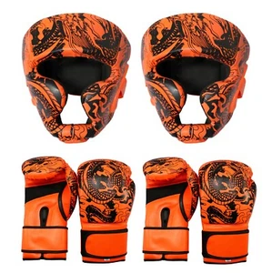 2 Pairs Boxing Gloves & Head Guard Training Protective Gear Martial Arts Orange - Picture 1 of 5