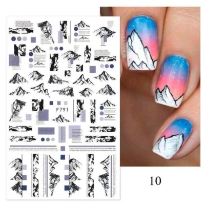 Calcomanía para arte en uñas letras de periódico de montaña línea blanca y negra F791 NS41 Foto 1 de 4