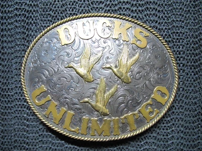 WESTERN STERLING SILVER OVERLAY DUCK'S UNLIMITED BELT BUCKLE! VINTAGE! WAGE'S! - Image 1 of 4
