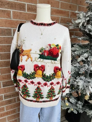 Suéter Tejido Vintage Años 90 Navidad Papá Noel Reno Bordado Pequeño Foto 1 de 4