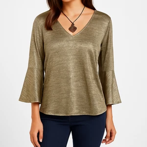 Zac & Rachel Damen L Metallic Gold Glockenärmel Bluse Oberteil Glam Urlaub Party - Bild 1 von 14
