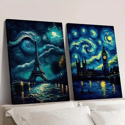 2pcs Eiffel Tower & Big Ben Skyscape with Swirling Star Wall Art Canvas Unframed - Image 1 of 4
