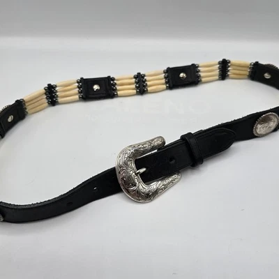 Tony Lama Nicole Concho Link Western Hueso Cuentas Cuero Cinturón Hebilla Plateada 32 Foto 1 de 4