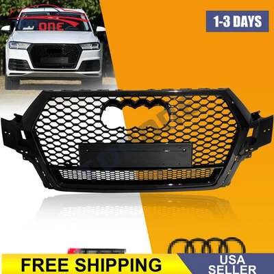 Gloss Black Front Bumper Honeycomb Mesh RSQ7 Style Grille For 2016-2019 Audi Q7 - Image 1 of 4