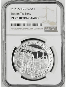 2023 St. Helena Boston Tea Party 250th Ann. 1oz Silver Coin NGC PF 70 UCAM - Picture 1 of 5