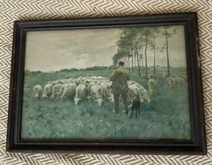 VITAGE LITHOGRAPH FRAMED ANTON MAUVE DUTCH REALISM SHEPHERD SHEEP HERD PASTURE - Picture 1 of 9