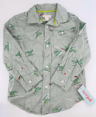 NWT Cat & Jack Boys Dino Long Sleeve Button-Down Shirt MEDIUM 8/10 Gray - Image 1 of 2