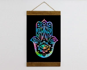 Watercolor Hamsa Hand Evil Eye Protection Talisman Wood Framed Canvas Print - Picture 1 of 8