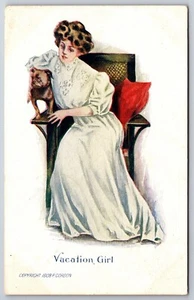 P Gordon~”Vacation Girl”~Victorian Woman w/Arm Around Small Bull Dog~1909 - Picture 1 of 2