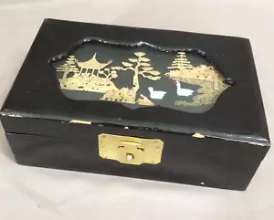 Vintage 1970s Chinese Diorama Jewelry Box Black Lacquer Ware Cork Red Interior - Picture 1 of 7