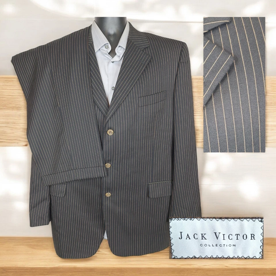 Jack Victor 2 Piece Suit Mens 44L 38L Black Brown Stripe 3 Button Wool DV - Image 1 of 4