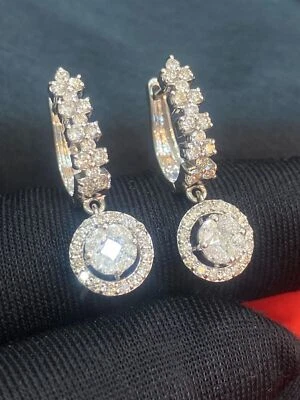 Pave 1.78 Cts Marquise Round Princess Shape Diamonds Hoop Earrings In 14K Gold - Image 1 of 4