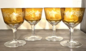 Set of 4 Bohemian Crystal Cut To Clear Gold Amber Glasses 3.5 oz Sherry Cordial - Picture 1 of 5