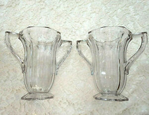 Pair Vintage Heavy Two Trophy Handle Octagonal Glass Celery Vases Chippendale