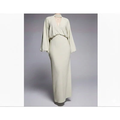 NWOT Asos Designs Size 12 High Neck Plunge Maxi Dress Blouson Sleeves Soft Green - Image 1 of 4