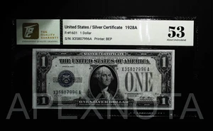 US SILVER $1 1928A FR1601 AU 53 ABOUT UNC FUNNYBACK X-A BLOCK BLUE SEAL CERT. - Picture 1 of 2