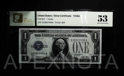 US SILVER $1 1928A FR1601 AU 53 ABOUT UNC FUNNYBACK X-A BLOCK BLUE SEAL CERT. - Image 1 of 2