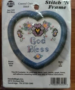 Cross Stitch Kit God Bless Stitch N Frame Blue Heart Frame  #3205 - Picture 1 of 5