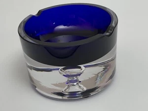 Krosno Poland Art Glass Ashtray Cobalt Blue Heavy Floating Bubble Ashtray flaw - Picture 1 of 11