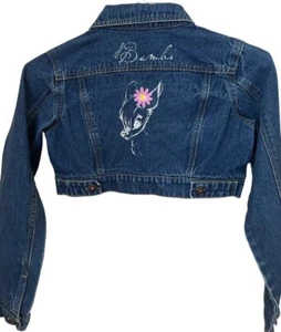 Disney Bambi Cropped Blue Jean Jacket Girls 14/16 Long Slv Rhinestone Daisies - Picture 1 of 7