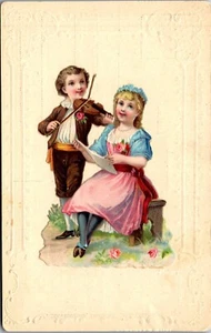 Vintage Postcard Victorian Children with Song Book and Violin Made in Austria  - Picture 1 of 3