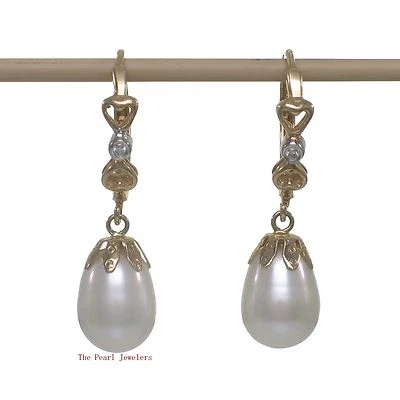 14k Yellow Gold Diamonds & White Cultured Pearls Dangle Earrings - Image 1 of 2
