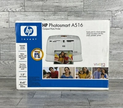 HP Hewlett Packard Photosmart A516 Compact Photo Printer Old Stock New In Box - Image 1 of 4