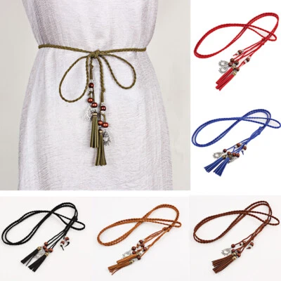 Women Faux Leather Braided Skinny Belt Lady Wooden Beads Tassels Slim Waistband - Image 1 of 4