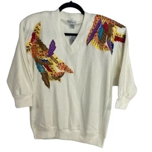 Eminent Embellished Top Vintage NWT Feathers Cream 3/4 Sleeve - Picture 1 of 7
