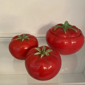 Vintage Mid Century Modern Condiment Holders Set By Pantry Pride Tomatoes Red - Picture 1 of 11