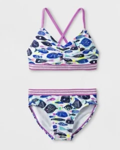 CAT & JACK Girls 2 Pc SWIMSUIT BIKINI Purple Fish Oceanic School Shiny Sz XL - Picture 1 of 1