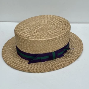 VINTAGE MACQUEEN LONDON STROHHUT BOOTFAHRER MIT LILA/GRÜNEM BAND GRÖSSE MEDIUM - Bild 1 von 16