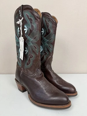 Tony Lama Vaquero Botas de Vaquero de Cuero Marrón para Mujer 10 Verde Azulado Bordado Western Foto 1 de 4