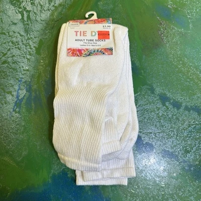 NWT Tie Dye Adult Tube Socks 2 Pair White Wearable Art 98% Cotton USA Made NEW - Image 1 of 4