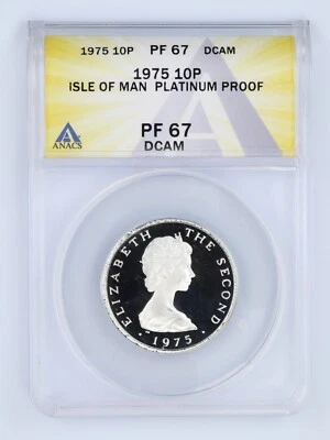 Isla de Man 1975 10 peniques platino prueba graduado PF67DCAM por ANACS Foto 1 de 4