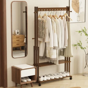 Walnut Wood Rolling Clothing Garment Rack Open Wardrobe f Entryway Bedroom Shop - Picture 1 of 16