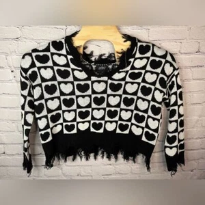 Just Polly Black White Heart Checkered Knit Sweater Frayed Hems Oversized Small - Picture 1 of 6